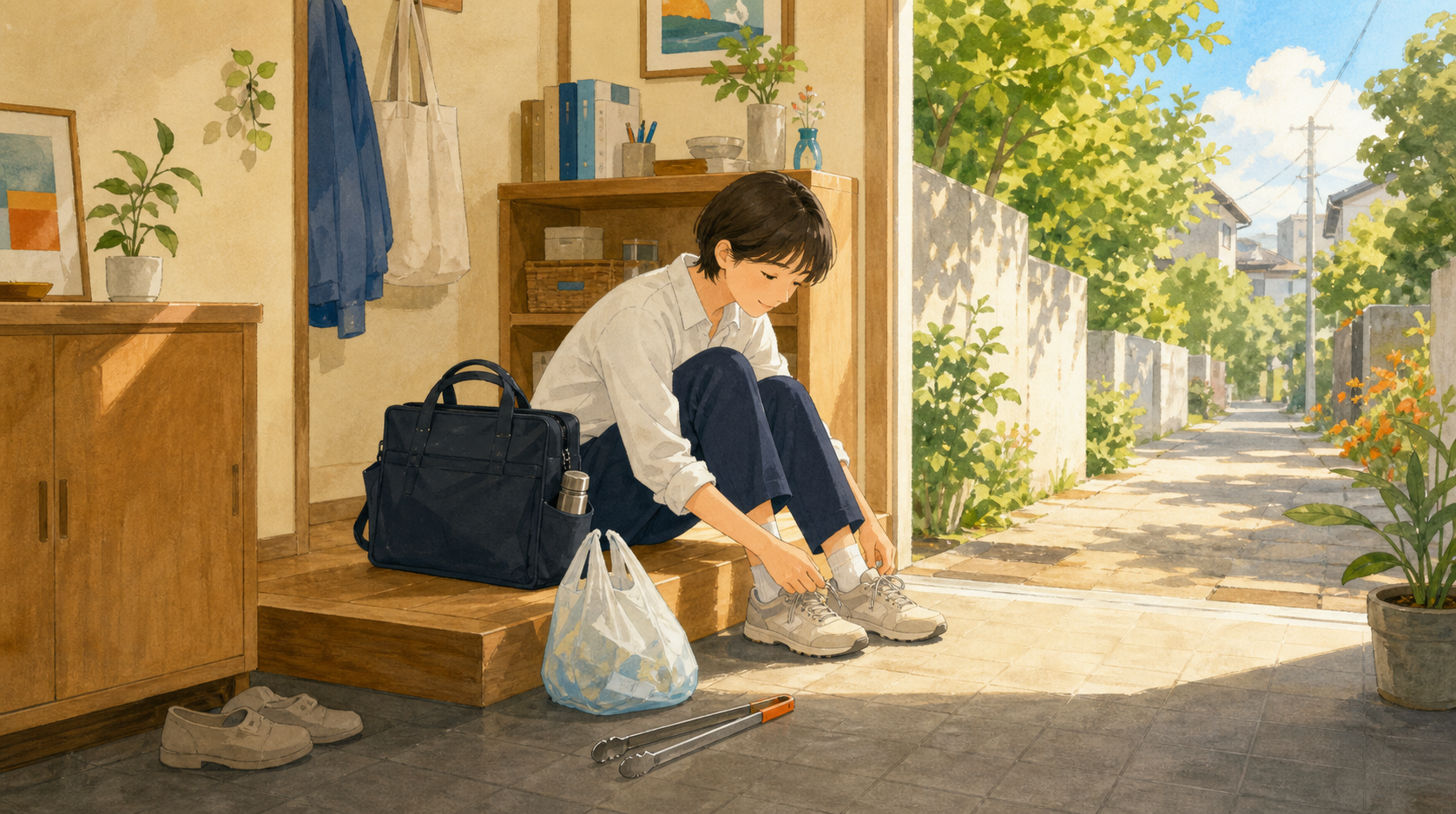仕事を終え、短いプロギングへ出る準備をする人のイメージイラスト