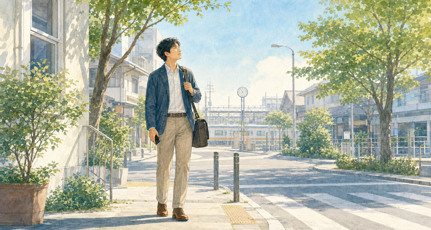 忙しい朝に立ち止まり、自分の内側へ意識を向ける人のイメージイラスト