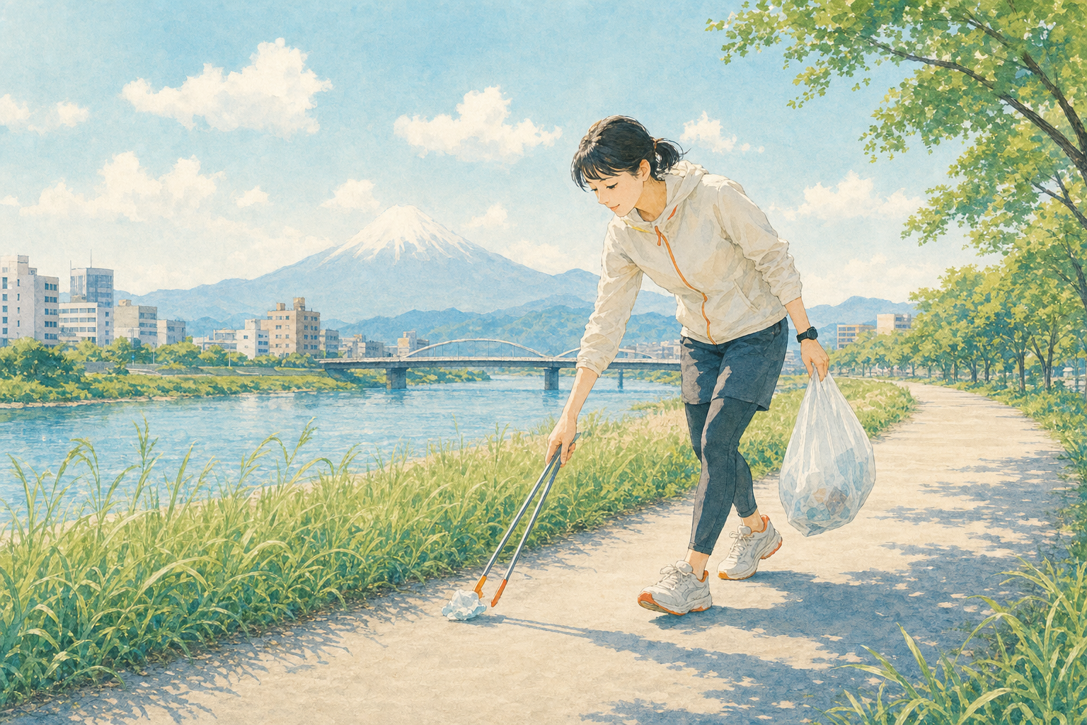 川沿いで呼吸と足取りを感じながらプロギングする人のイメージイラスト